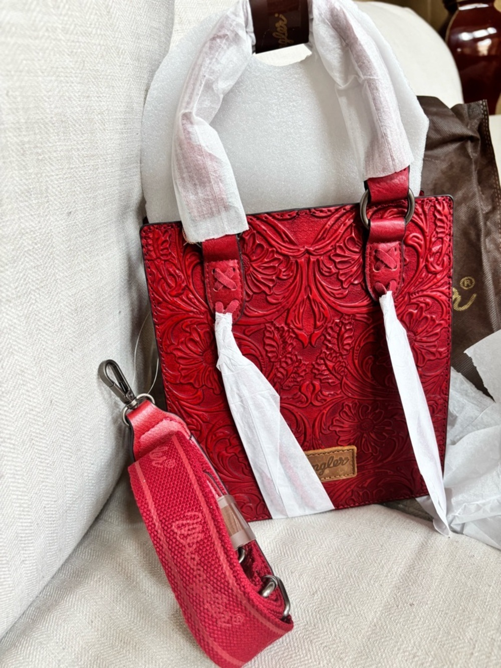 Wrangler Embossed Tooled Leather Top Handle Crossbody Western Bag Red NWT